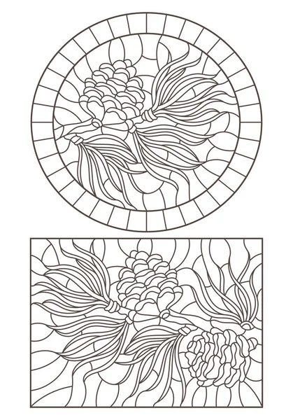 Set di illustrazioni di vetro colorato contorno con cono di cedro su un ramo, contorni scuri su sfondo bianco — Vettoriale Stock