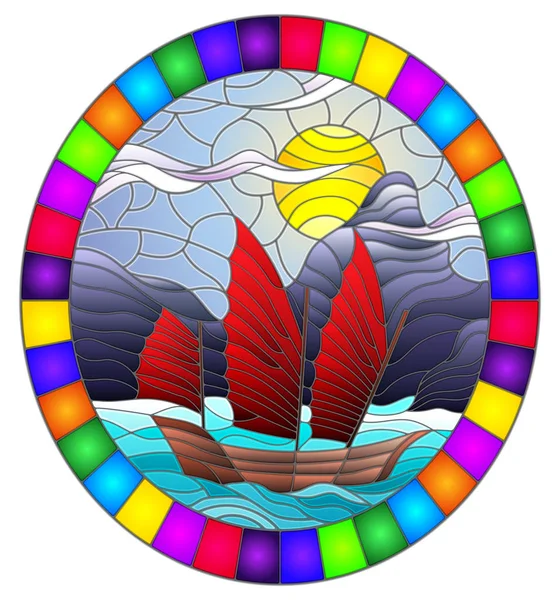 Ilustración en estilo vidriera con el barco oriental con velas rojas en el fondo del cielo, el sol y las costas rocosas — Vector de stock