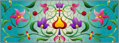 Mavi arka planda soyut girdaplar, çiçekler ve yapraklar ile boyalı cam tarzında resim, yatay yönelim