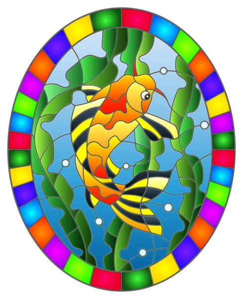 Ilustración en estilo vitral con una carpa de pescado koi en el fondo de agua y algas, imagen ovalada en marco brillante — Vector de stock