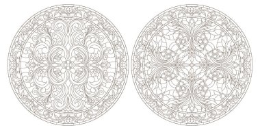 Vitray, vitray çiçek, karanlık Anahat Beyaz bir arka plan üzerinde yuvarlak kontur çizimleri ayarla