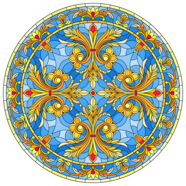 Vitray stil, ayna görüntüsü çiçek süs eşyaları ve swirls ile yuvarlak resimde