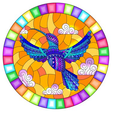 Mavi soyut sinekkuşu ile boyalı cam stili bir resim gökyüzü ve bulutların üzerinde uçuyor, oval görüntü parlak çerçevede.