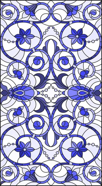 色彩斑斓的玻璃画图，带有抽象的花朵、漩涡和叶子，背景浅，方向水平，色调蓝色 — 图库矢量图片
