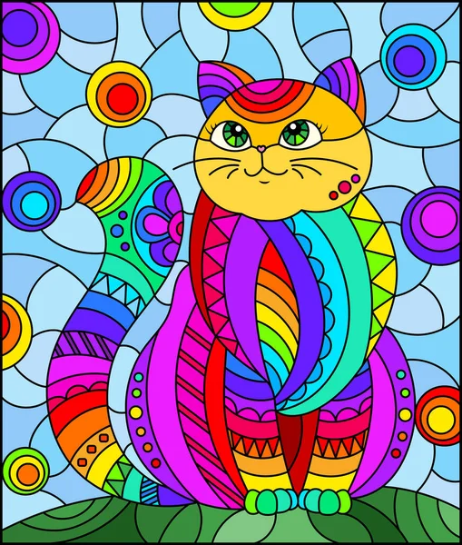 Illustration in stained glass style with abstract cute rainbow cat on a blue background — Stock Vector