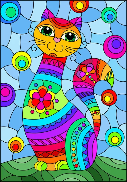 Illustration im Glasmalereistil mit abstrakter niedlicher Regenbogenkatze auf blauem Hintergrund — Stockvektor