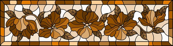 Illustration in stained glass style with  flowers and leaves  , horizontal image in bright frame, tone brown, sepia — 스톡 벡터