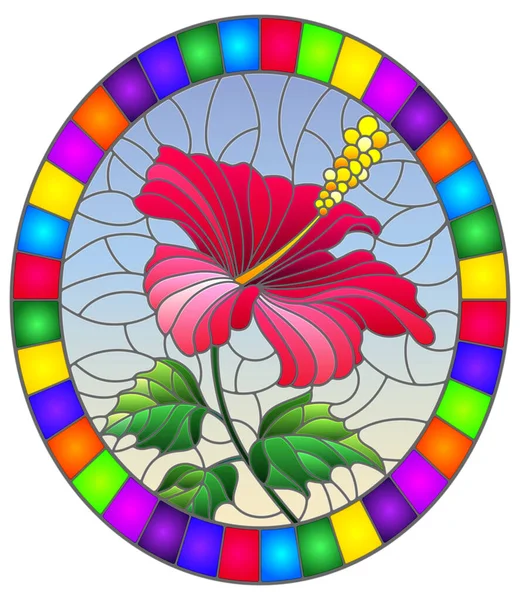 Ilustrace ve stylu barevného skla s květinami, poupaty a listy růžového ibišku na pozadí oblohy, oválný obraz v jasném rámu — Stockový vektor
