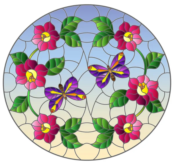 추상적으로 곱슬곱슬 한 분 홍색 꽃 과푸른 배경에 보라색 나비가 그려진 스테인드글라스 스타일의 삽화, 타원 형 모양 — 스톡 벡터