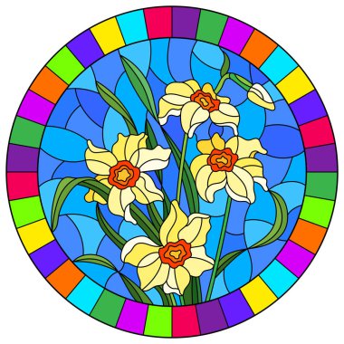 Mavi arkaplanda sarı nergisli parlak çerçeveli, yuvarlak resimli boyalı cam tarzı bir resim