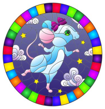 Yıldızlı gökyüzü ve bulutların arka planında dans eden bir fare ve parlak çerçeveli oval bir resim