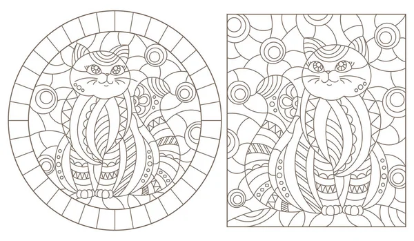 Set de ilustrații de contur de vitralii cu pisici drăguțe de desene animate, contururi întunecate pe un fundal alb — Vector de stoc