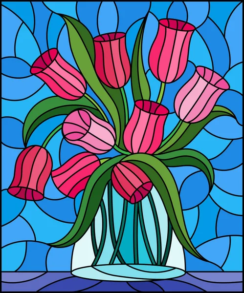 Иллюстрация в витражном стиле с натюрмортом, букет розовых тюльпанов в стеклянной банке на синем фоне — стоковый вектор