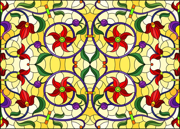 Ilustración en estilo vitral con remolinos abstractos, flores rojas y hojas sobre fondo amarillo, orientación horizontal — Vector de stock