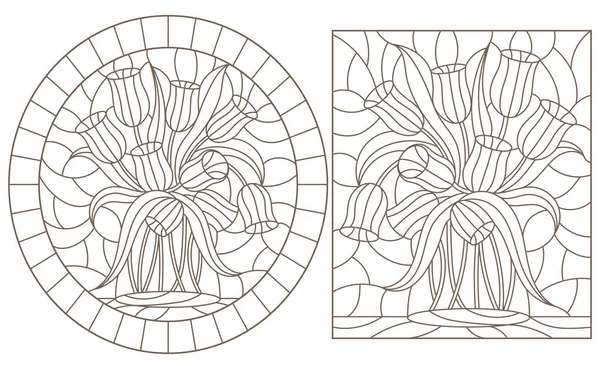 Et sett med konturillustrasjoner av farget glass Vinduer med tulipaner, mørke konturer på hvit bakgrunn, runde og rektangulære bilder – stockvektor