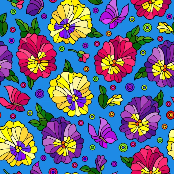 Motif sans couture avec des pantoufles et des papillons, fleurs vives sur un fond bleu — Image vectorielle