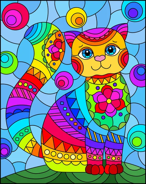 Ilustración en estilo vidriera con gato arco iris lindo abstracto sobre un fondo azul — Vector de stock