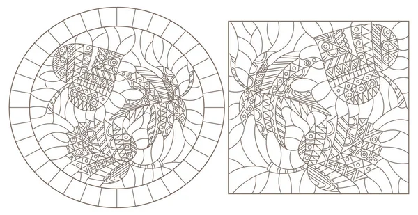 Conjunto de ilustraciones del contorno de vidrieras con hojas, contornos oscuros sobre fondo blanco — Archivo Imágenes Vectoriales