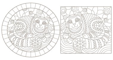 Sevimli karikatür kediler ile vitray Pencereler kontur çizimler seti , beyaz bir arka plan üzerinde koyu konturlar