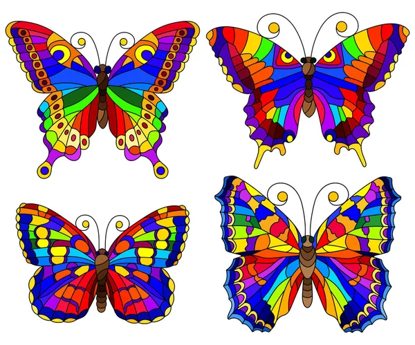 Conjunto de brillantes mariposas arcoíris abstractas en estilo vitral, aisladas sobre fondo blanco — Vector de stock