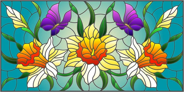 Ilustración en estilo vitral con un ramo de narcisos amarillos y mariposas púrpuras sobre fondo azul — Vector de stock