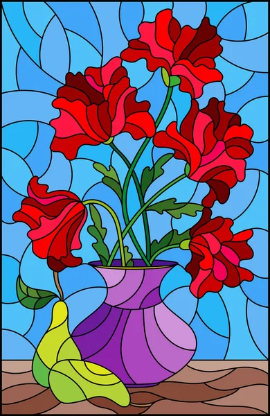 用彩色玻璃风格的图画，紫色花瓶里放着一束花，蓝色背景的梨子放在桌子上 — 图库矢量图片