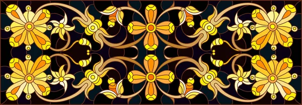 Çiçek süsüyle boyalı cam tasviri, koyu arkaplanda girdap ve çiçek motifli taklit altın.