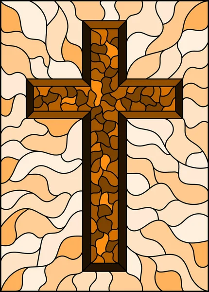 Ілюстрація на вітражі на релігійні теми, вітраж вікна з християнським хрестом, тон коричневий, сепія — стоковий вектор