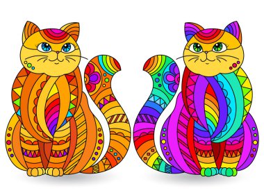 Gökkuşağı kedili bir takım vitray elementler, beyaz arkaplanda izole görüntüler