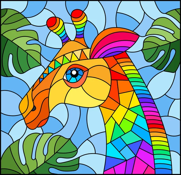 Ilustración en el estilo de vidrieras con cabeza abstracta de jirafa arco iris sobre un fondo azul con hojas, imagen rectangular — Vector de stock