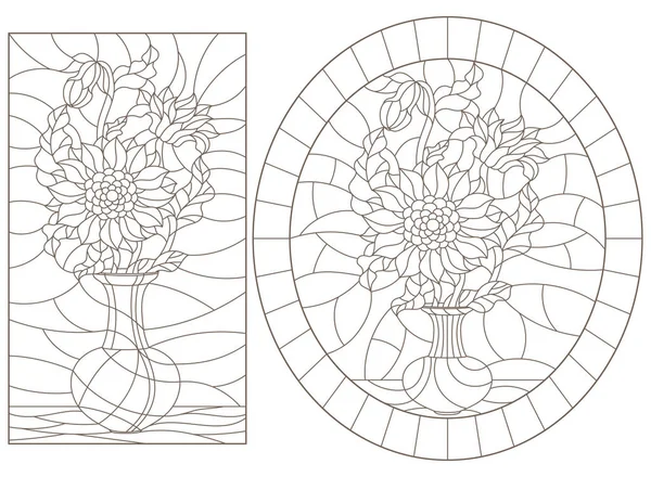 Série d'illustrations de contours de vitraux avec natures mortes, vases avec fleurs de tournesol, contours sombres sur fond blanc — Image vectorielle