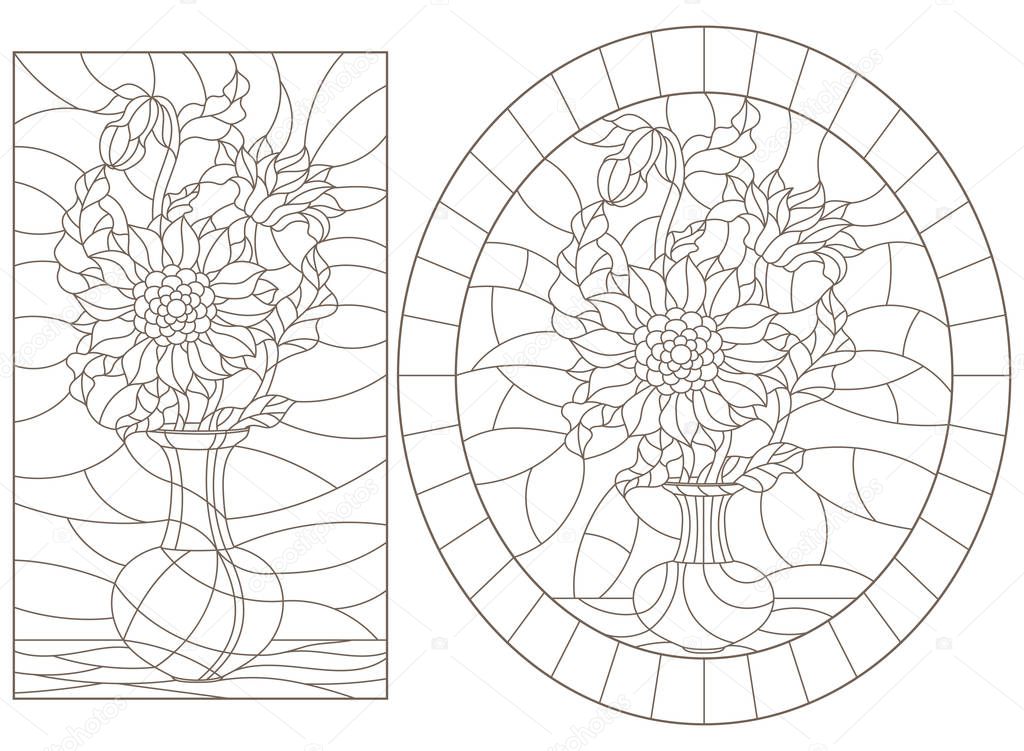Set of contour illustrations of stained glass Windows with still lifes, vases with sunflower flowers, dark outlines on a white background