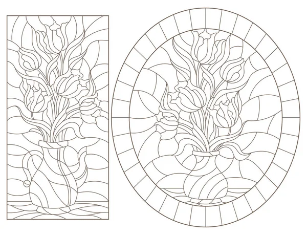 Série d'illustrations de contours de vitraux avec natures mortes, vases avec fleurs de tulipes, contours sombres sur fond blanc — Image vectorielle