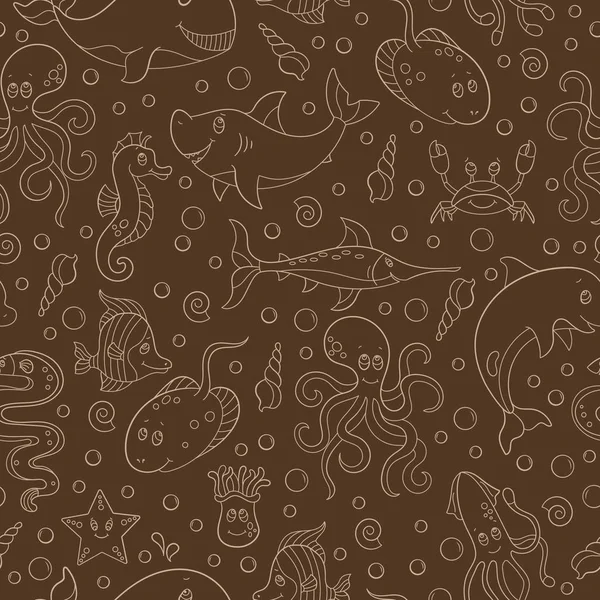 Sömlös mönster med havsdjur, rolig kontur tecknade djur, beige kontur på en brun bakgrund — Stock vektor