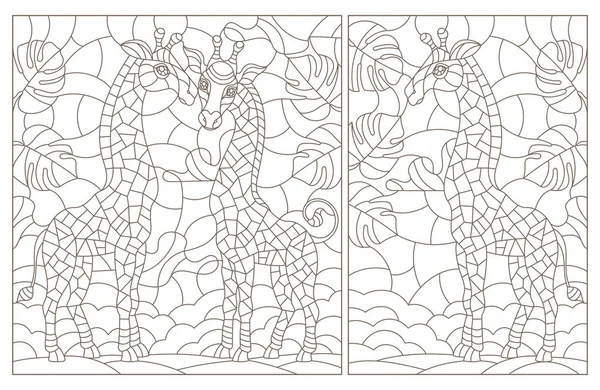 Набор контурных иллюстраций в витражном стиле с жирафами на фоне неба и листьев, темные контуры на белом фоне — стоковый вектор