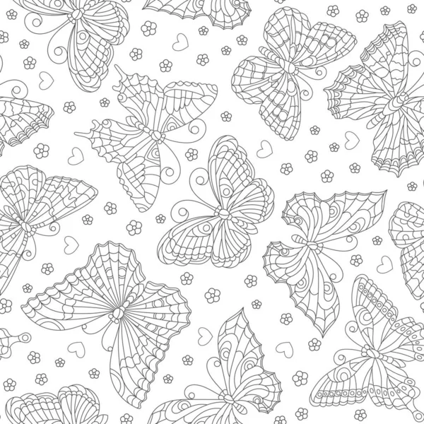 Nahtloses Muster mit Schmetterlingen und Blumen, dunkle Umrisse auf weißem Hintergrund — Stockvektor