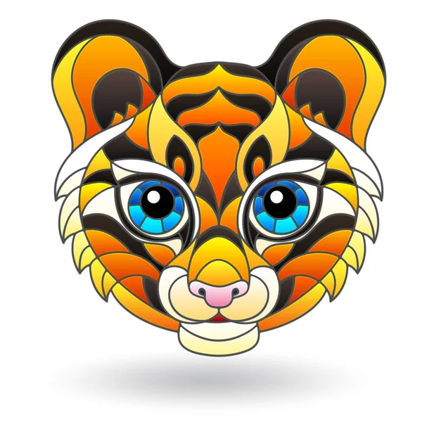 Ilustración con elemento vitral con cara de animal, tigre lindo, aislado sobre fondo blanco — Vector de stock