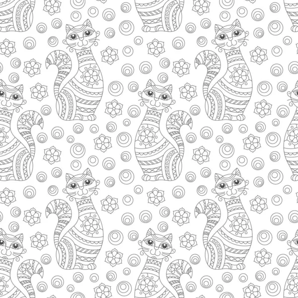 Nahtloses Muster mit Katzen und Blumen im Glasmalereistil, dunkle Umrisse auf weißem Hintergrund — Stockvektor