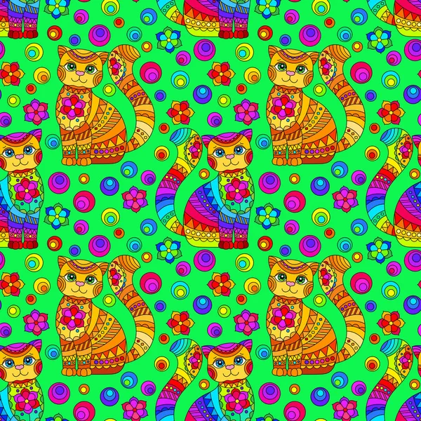 Nahtloses Muster mit hellen Katzen und Blumen im Glasmalereistil auf grünem Hintergrund — Stockvektor