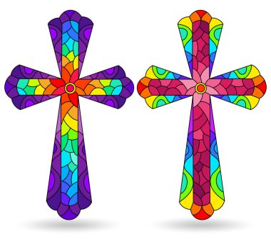 Vitray stiliyle resimlerde Hıristiyan haç ayarla