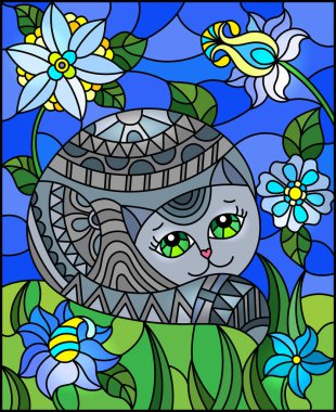 Çayırların, çiçeklerin ve gökyüzünün arka planında şirin gri bir kediyle boyalı cam tarzında bir resim.