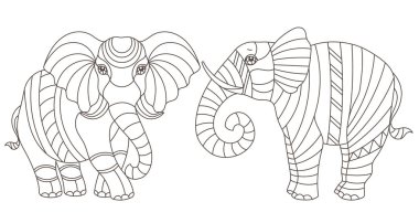 Soyut fil figürleri ve beyaz arka planda izole edilmiş koyu renk çizgilerle boyalı cam tarzında çizimler.