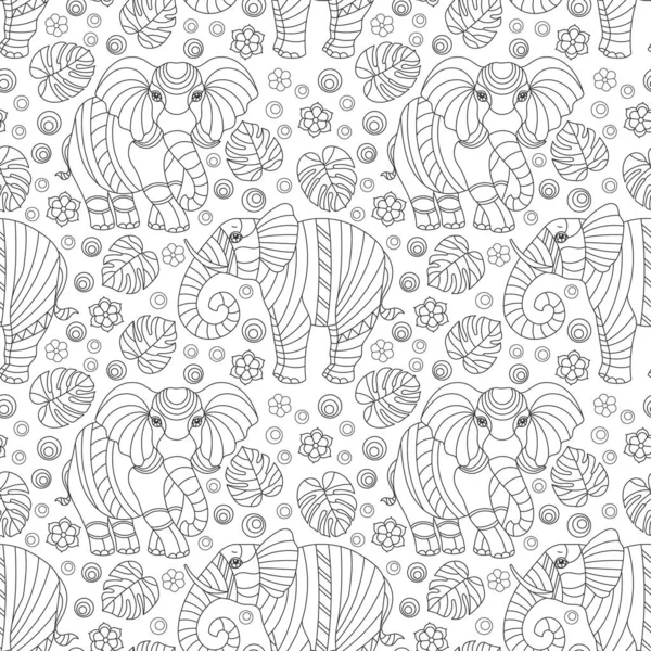 Nahtloses Muster mit Elefanten, Konturtieren, Blumen und Blättern, dunklen Umrissen auf weißem Hintergrund — Stockvektor