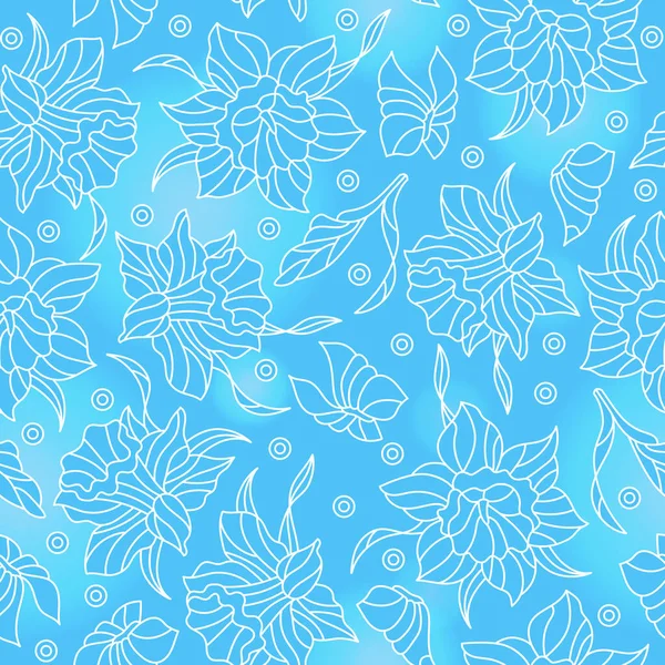 Patrón sin costuras con narcisos y mariposas, flores contorneadas blancas y mariposas sobre fondo azul — Vector de stock