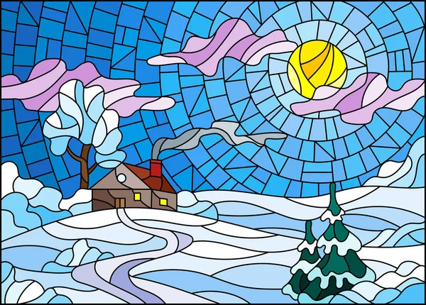 Obrázek ve vintage stylu zimní krajina, vesnice dům a jedle na pozadí sněhu, obloha a slunce — Stockový vektor