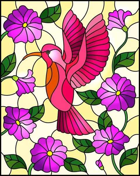 Illustration in stained glass style with a branch of purple flowers and bright pink bird Hummingbird on a yellow background — 스톡 벡터