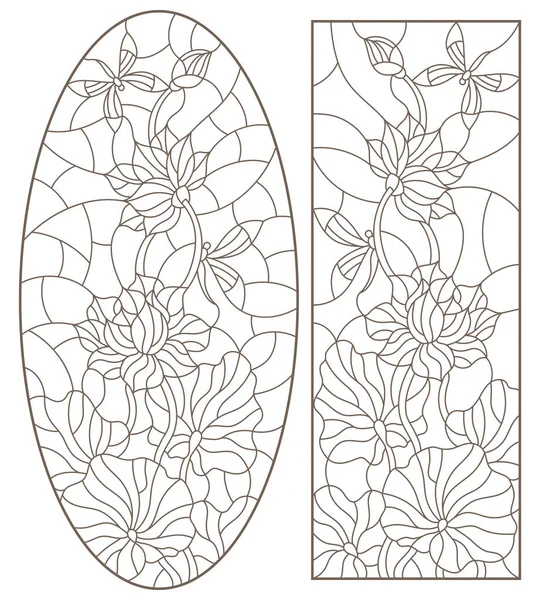 Set ääriviivat kuvituksia lasimaalauksia kukkia Lotus sudenkorentoja, tumma ääriviivat valkoisella pohjalla — vektorikuva
