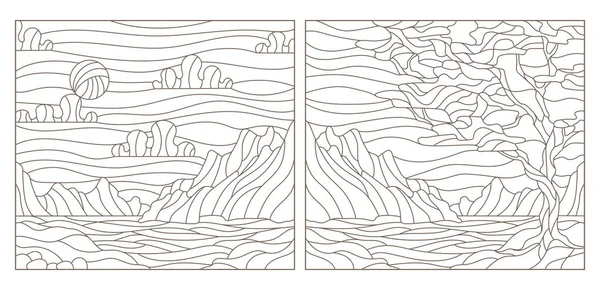 Conjunto de ilustraciones de contorno de vidrieras con paisajes, contornos oscuros sobre fondo blanco — Vector de stock