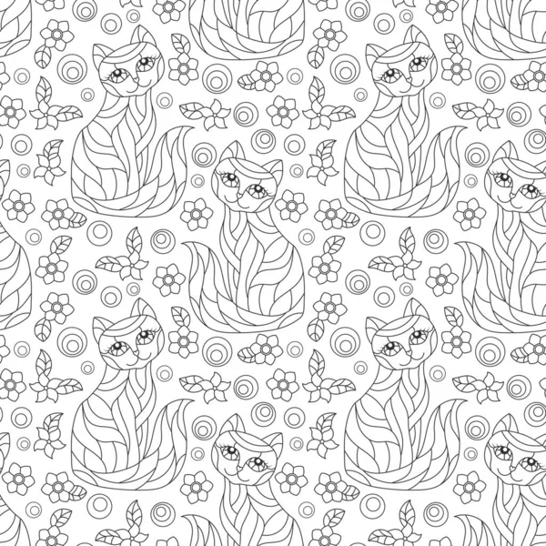 Nahtloses Muster mit Konturkatzen und Blumen im Glasmalereistil, dunkle Umrisse auf weißem Hintergrund — Stockvektor