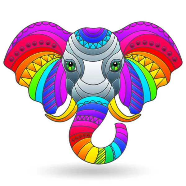 Illustration in stained glass style with an elephant's head, a rainbow portrait of an animal isolated on a white background — Stock Vector